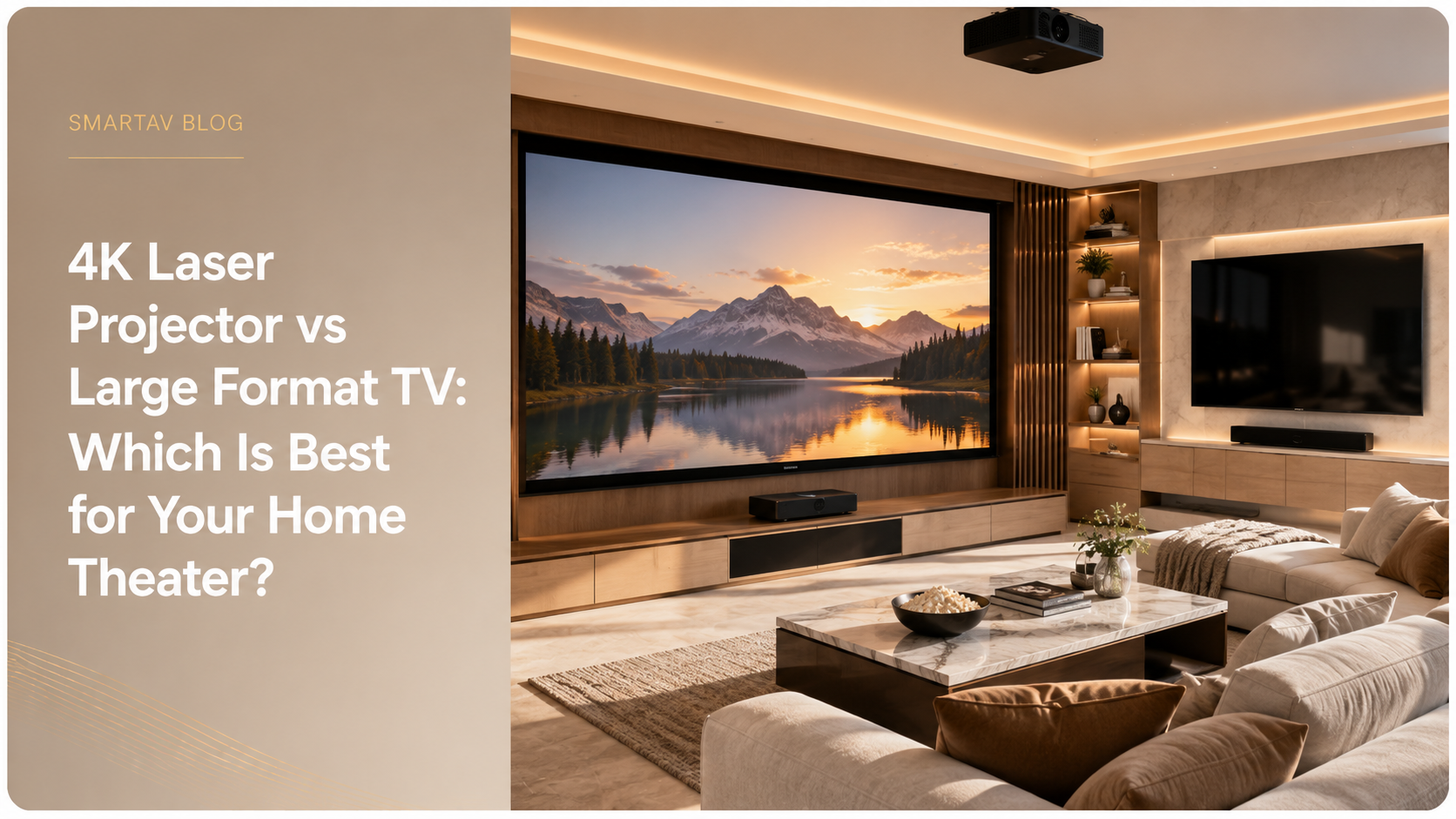 Blog cover comparing a 4K laser projector to a large format TV in a home theater