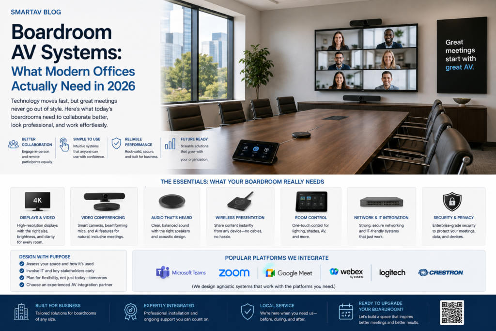 Infographic: boardroom AV systems modern offices need in 2026, including displays, conferencing, and control