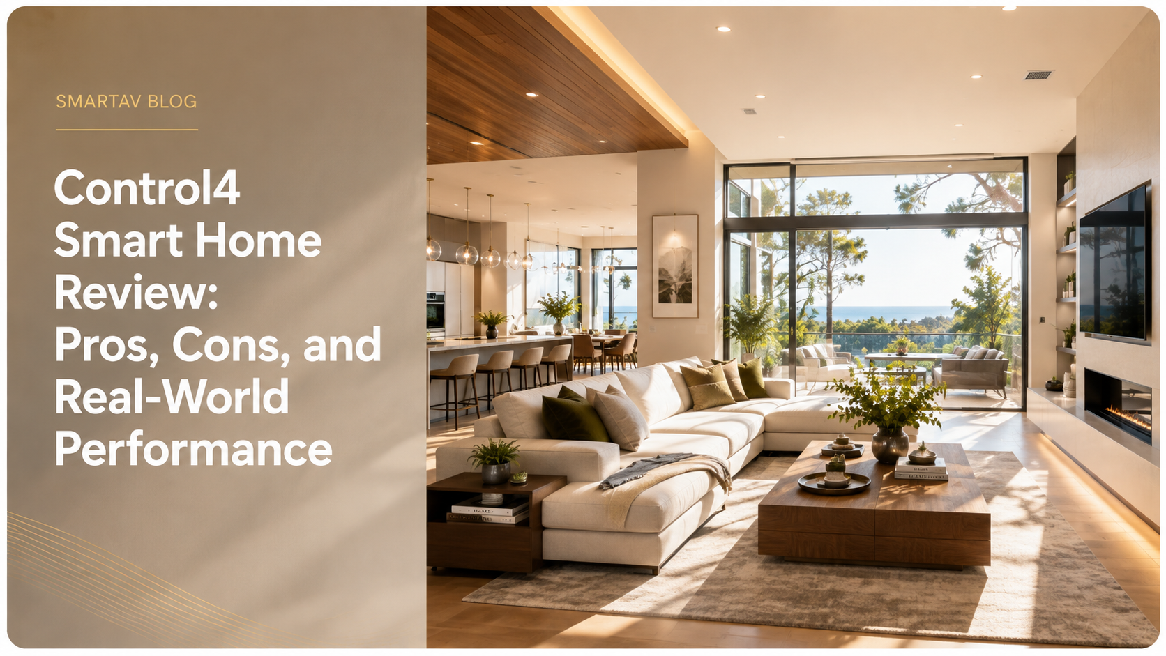 Blog cover for a Control4 smart home review, showing an open-concept living room with ocean-view windows
