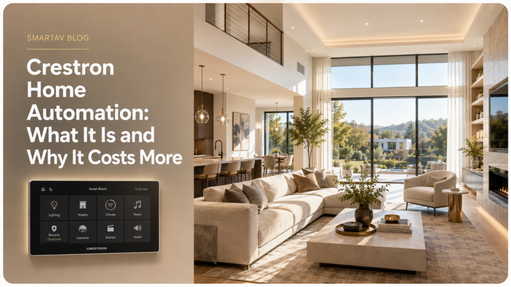 Blog cover for a Crestron home automation cost guide, showing a bright open-plan kitchen and living room with mountain views