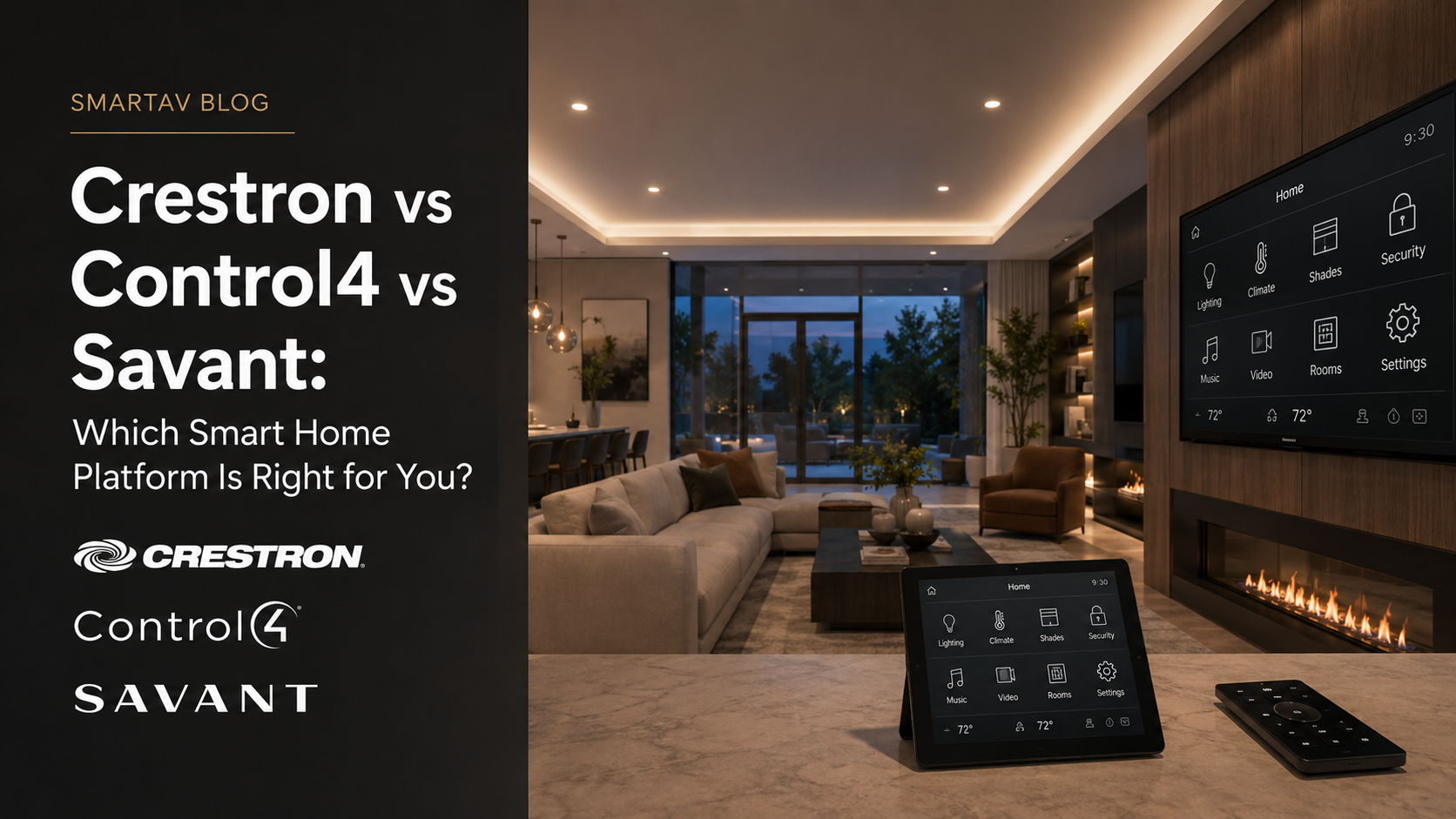 Blog cover comparing Crestron, Control4, and Savant smart home platforms, showing a wall-mounted touchscreen control panel in a living room