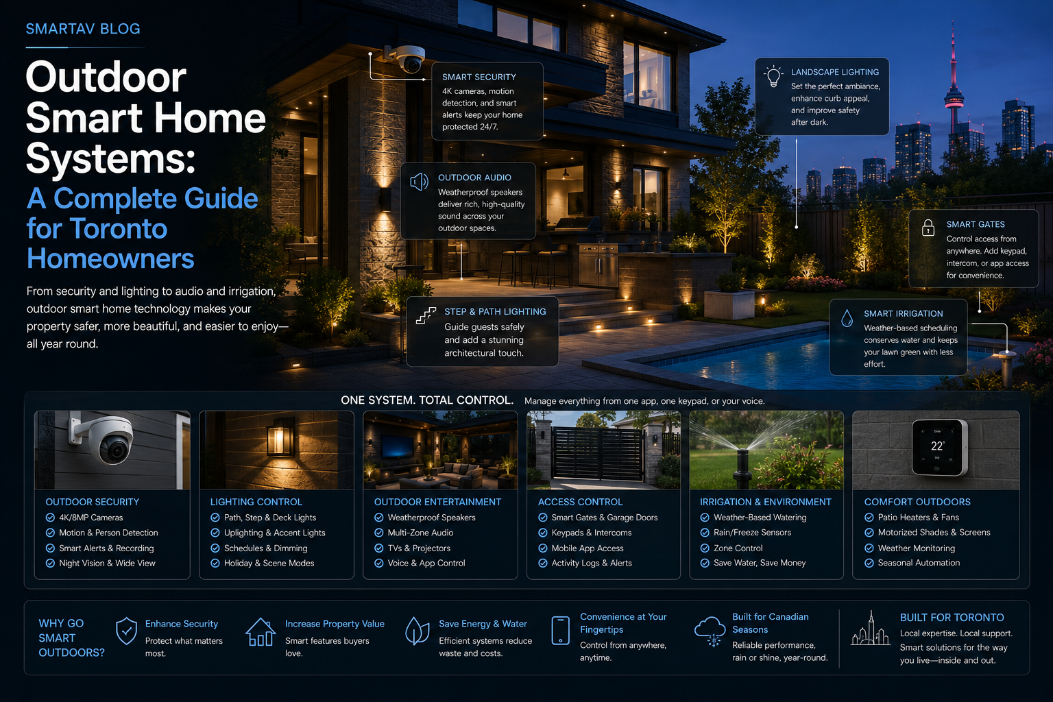Complete guide to outdoor smart home systems for Toronto homeowners, covering security, lighting, audio, and irrigation
