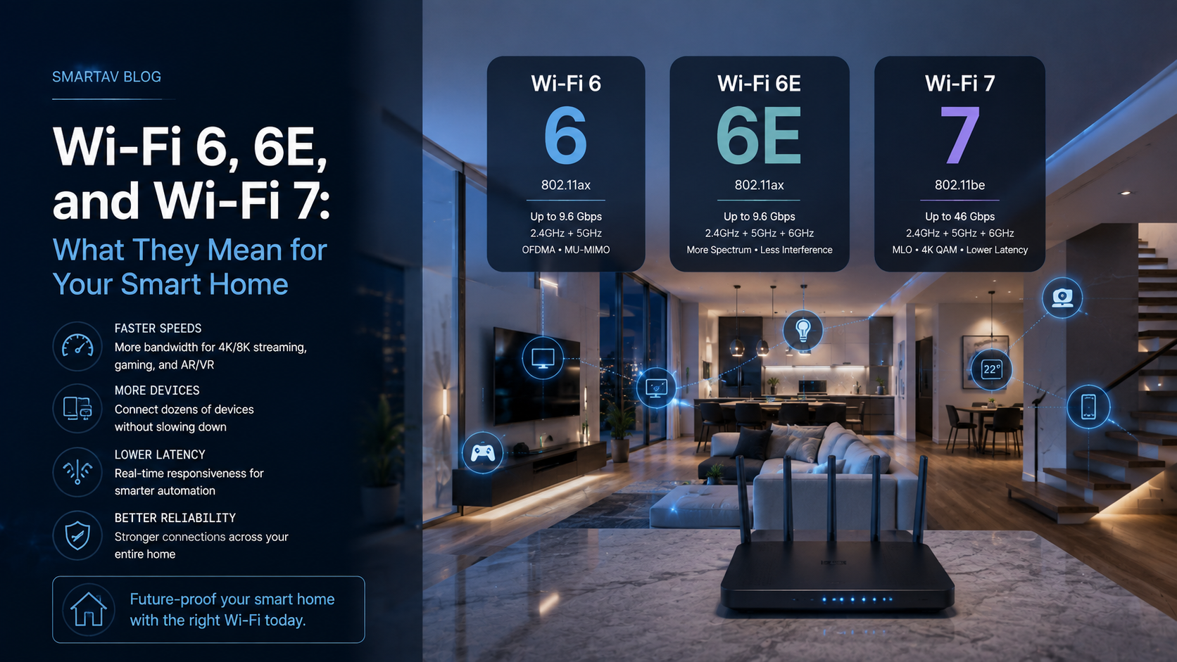 Infographic comparing Wi-Fi 6, Wi-Fi 6E, and Wi-Fi 7 for smart home networks